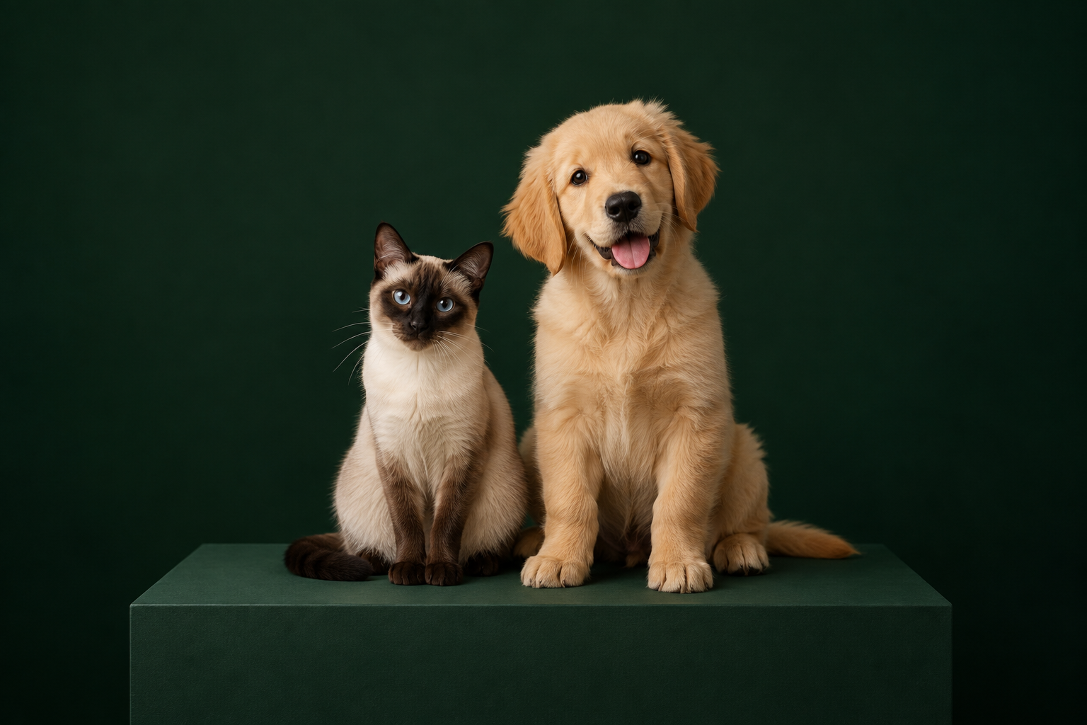 Yeşil bir platformda yan yana oturan Siyam kedisi ve golden retriever yavrusu
